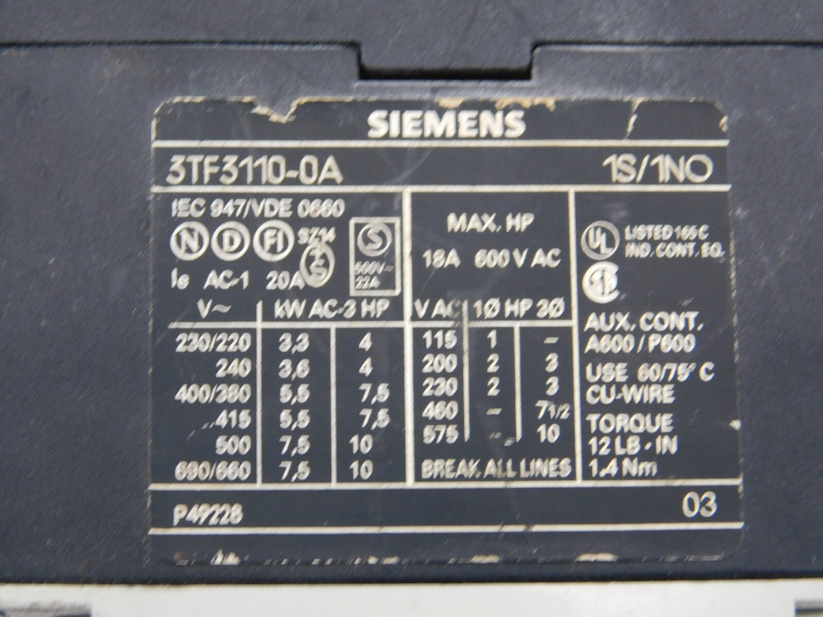 SIEMENS Leistungsschütz 3TF3110-0A