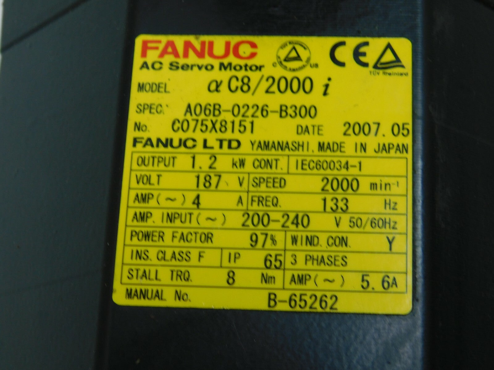 Fanuc Servo Motor Model C8/2000i   A06B-0226-B300 