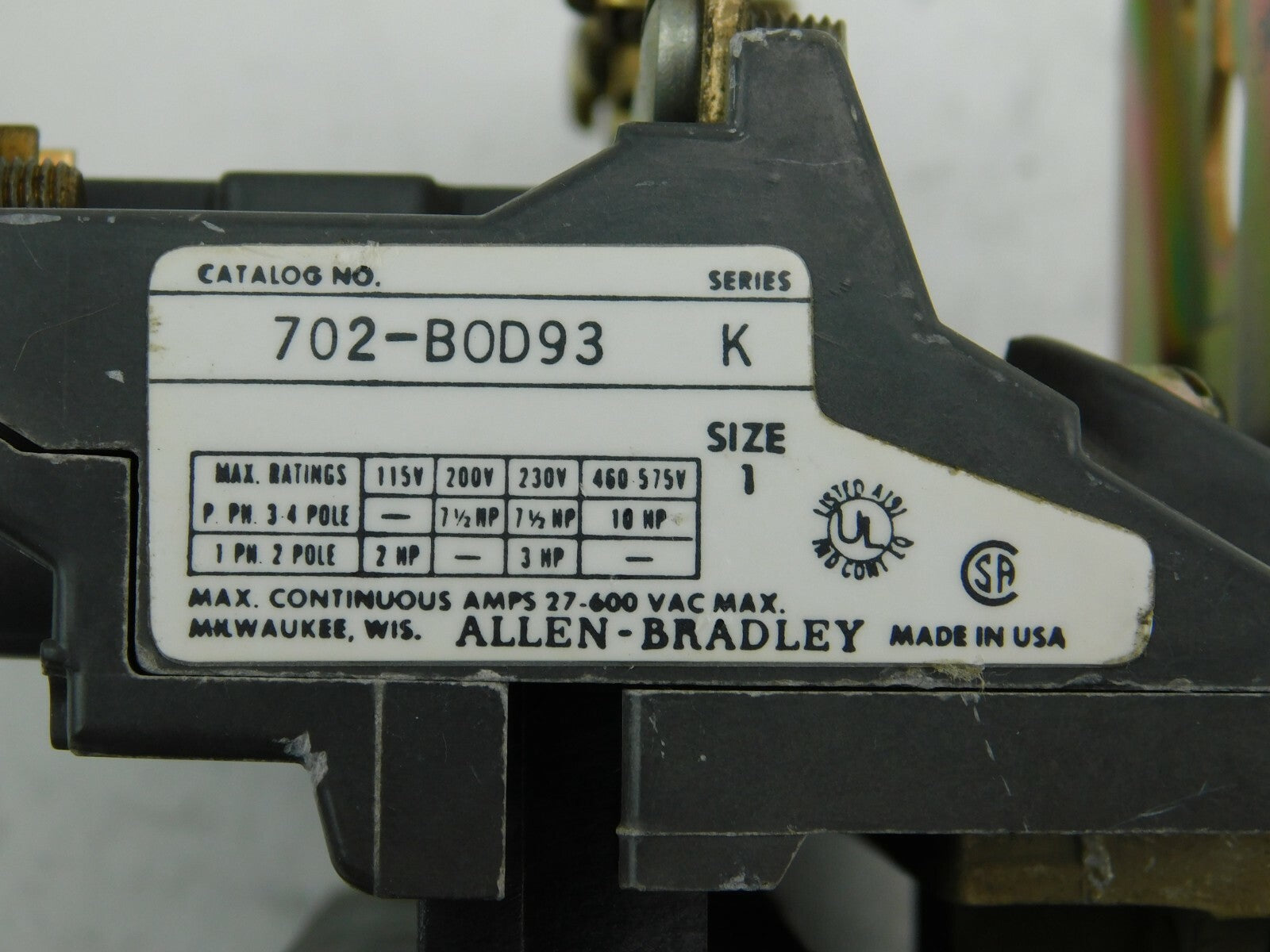 ALLEN-BRADLEY 702-B0D93 120V 60HZ 110V 50HZ Contactor