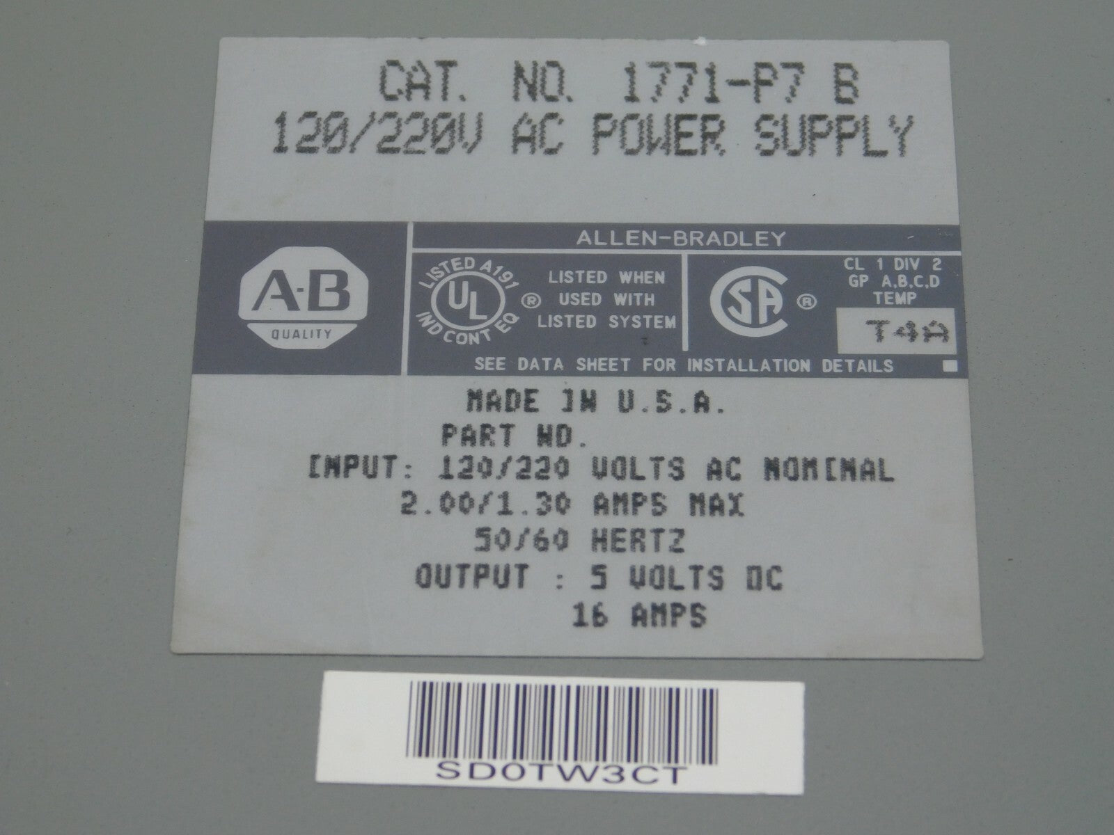 A-B ALLEN BRADLEY  CAT.NO.1771-P7 B  120/220 V AC POWER SUPPLY