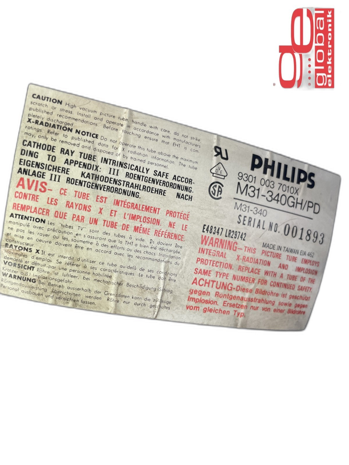 PHILIPS 9301 003 7010X M31-340GH/PD M31-340 SERIAL NO. 001893