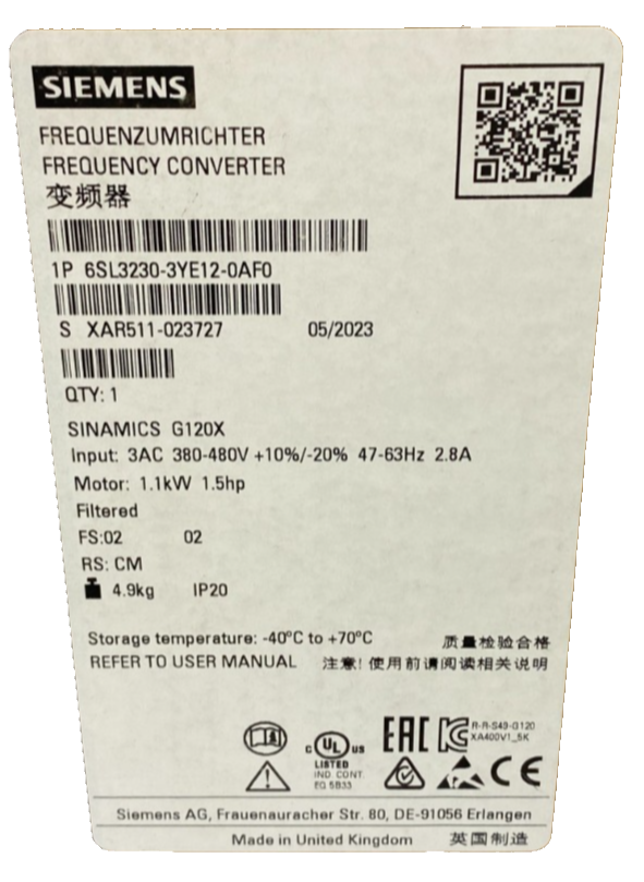 Siemens Sinamics G120X 6SL3230-3YE12-0AF0