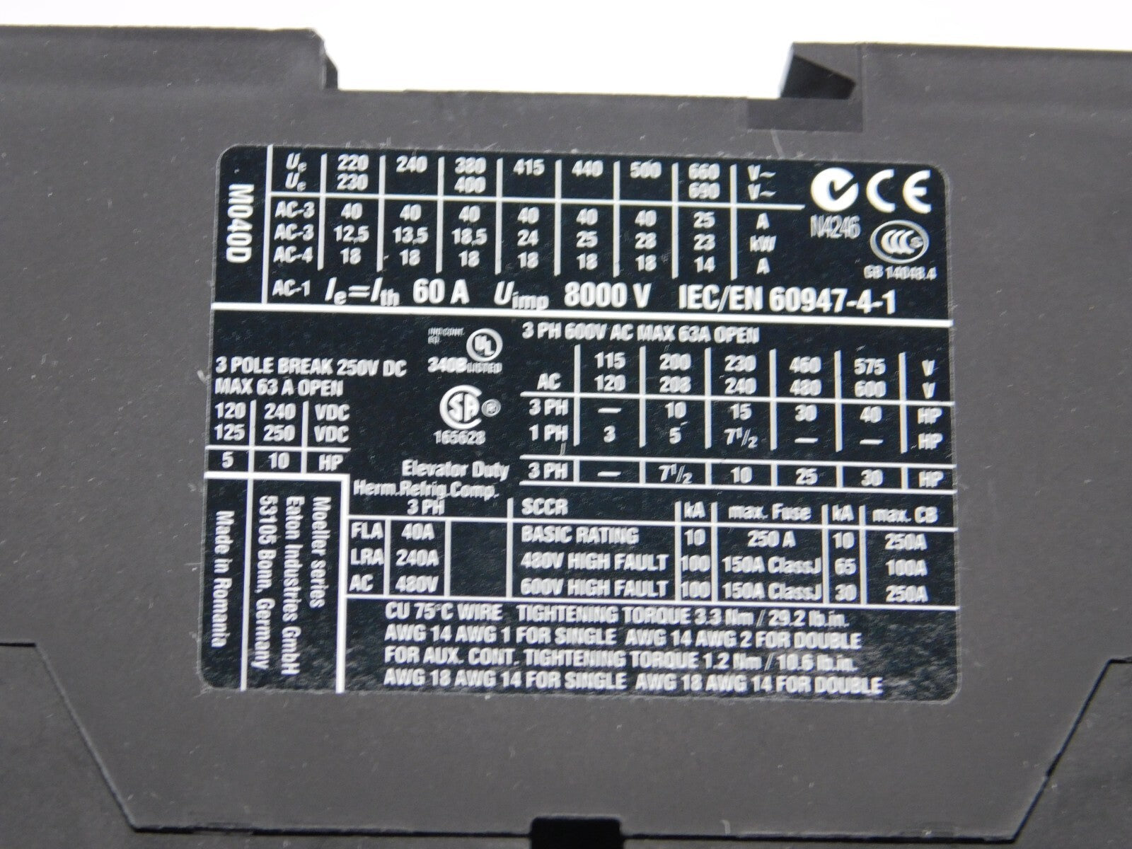 EATON Leistungsschütz DILM40 230V50Hz, 240V60Hz 18,5 KW
