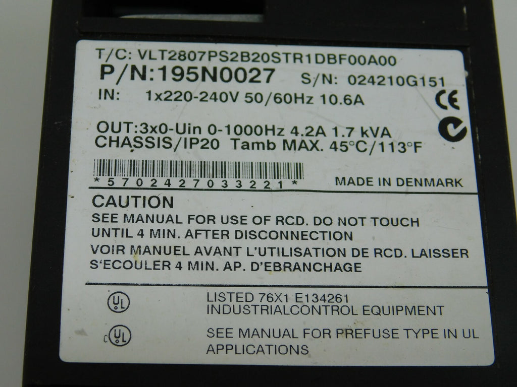 DANFOSS VLT2807PS2B20STR1DBF00A00 195N0027 1,7 KVA