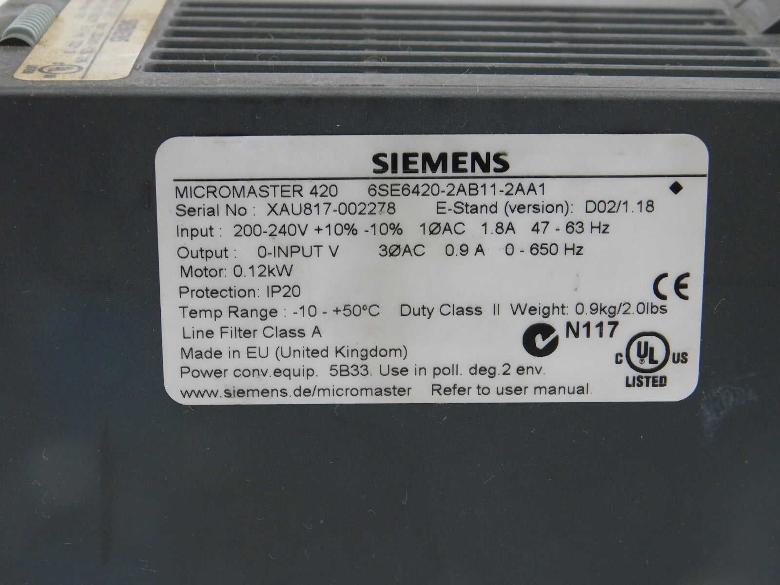 SIEMENS 6SE420-2AB11-2AA1 Input 200-240 +10% -10%