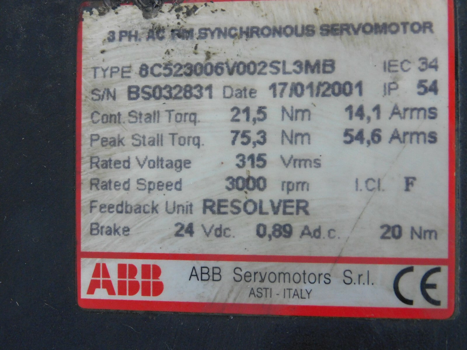 ABB 3PH AC PM Servomotor 8C523006V002SL3MB  21,5Nm  75,3Nm