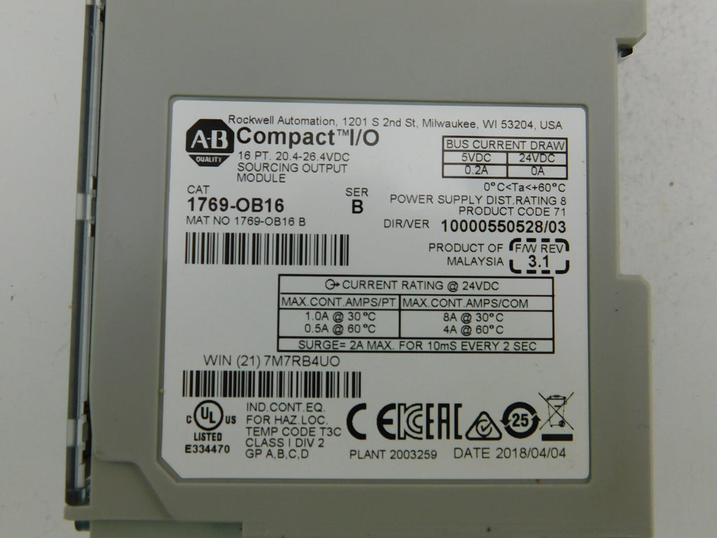 ALLEN BRADLEY  Compact I/O 16 PT 20.4-26.4 VDC SOURCING OUTPUT MODULE 1769-OB16