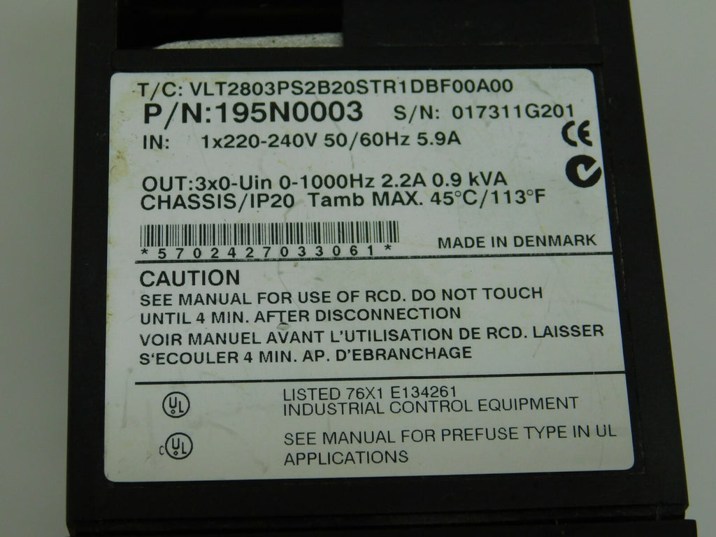 DANFOSS VLT 28003PS2B20STR1DBF00A00 0.9 KVA