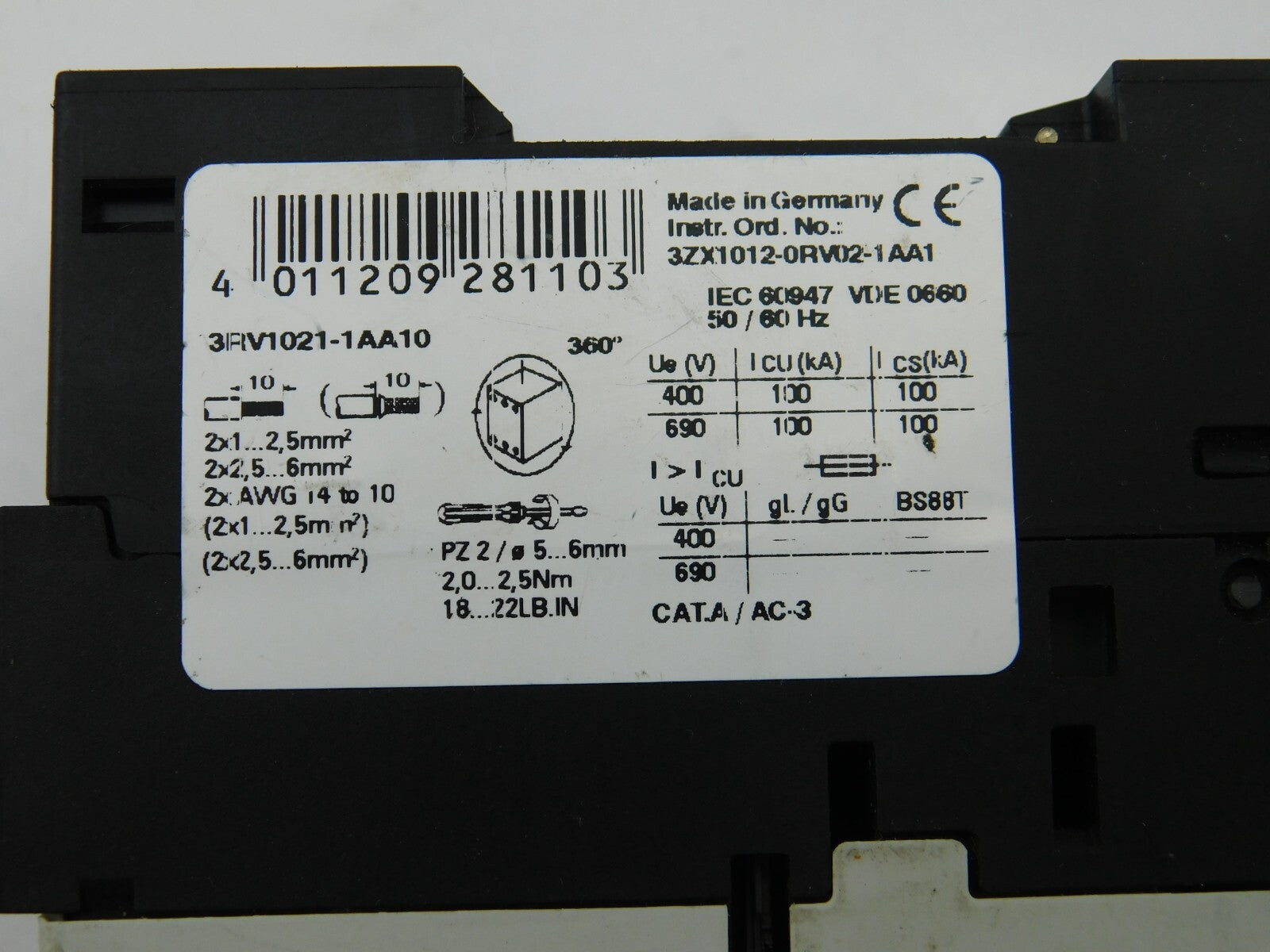 SIEMENS SIRIUS Leistungsschalter 3RV1021-1AA10 1.6A