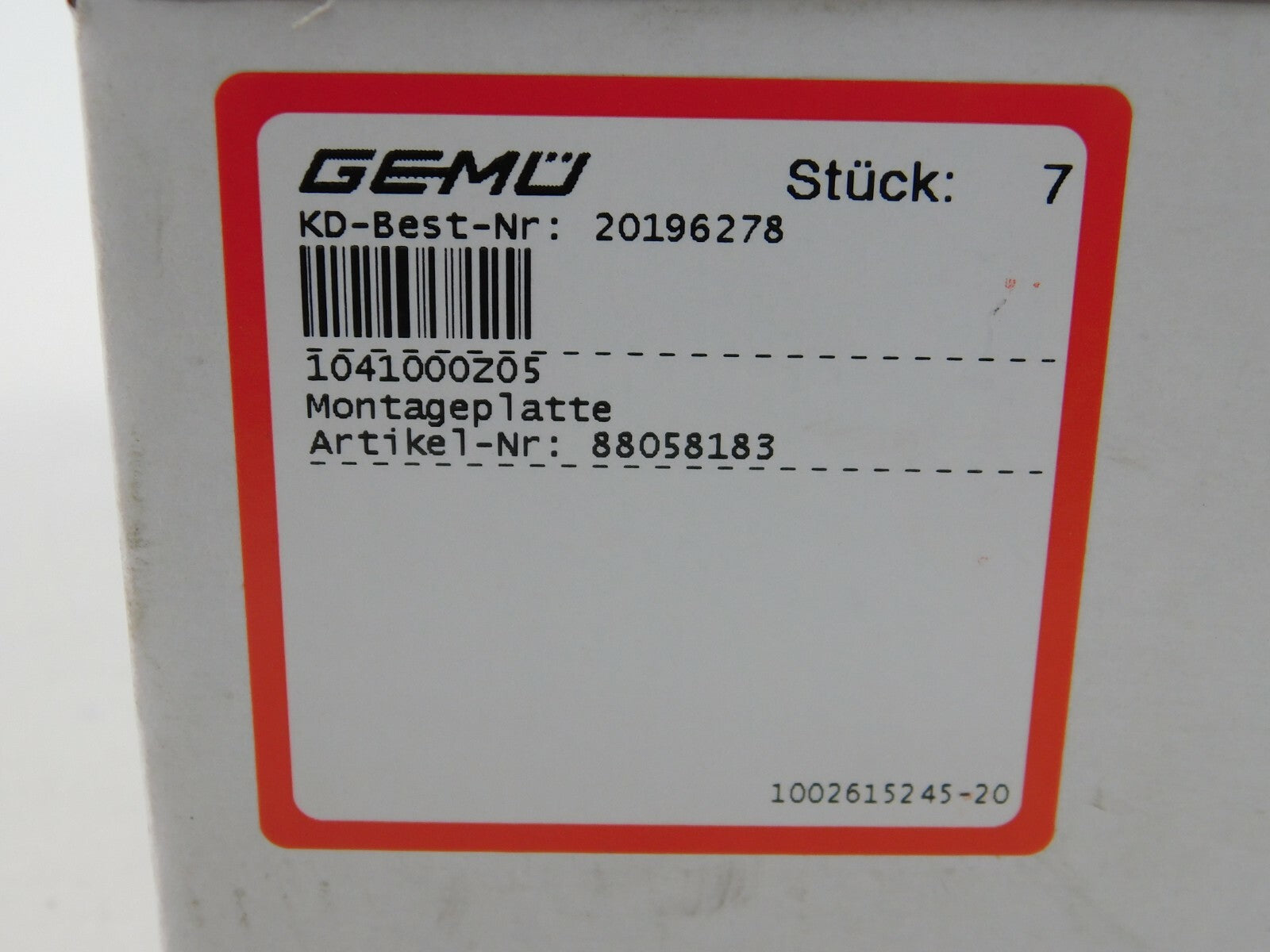 Gemü Montageplatte 88058183  1041000Z05     **  7 Stück **