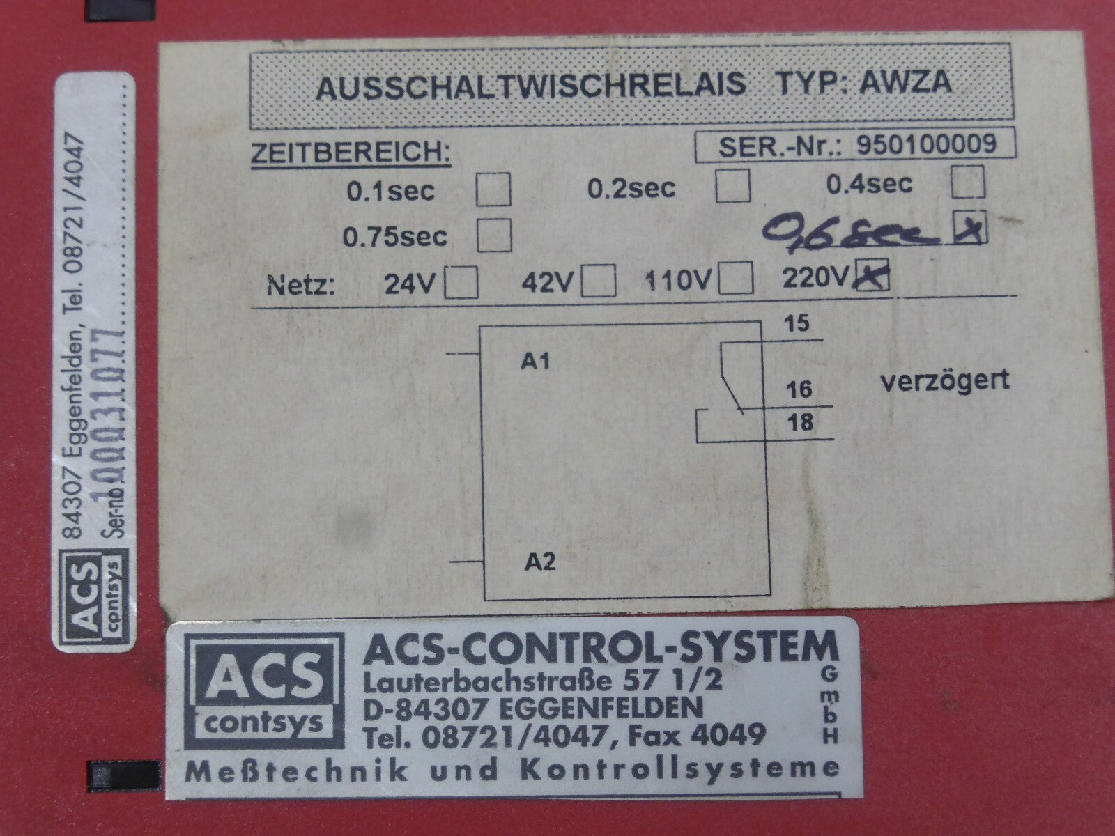 ACS Relais TYP AWZA Zeit 0,6 sec.  Netz 220V 950100009