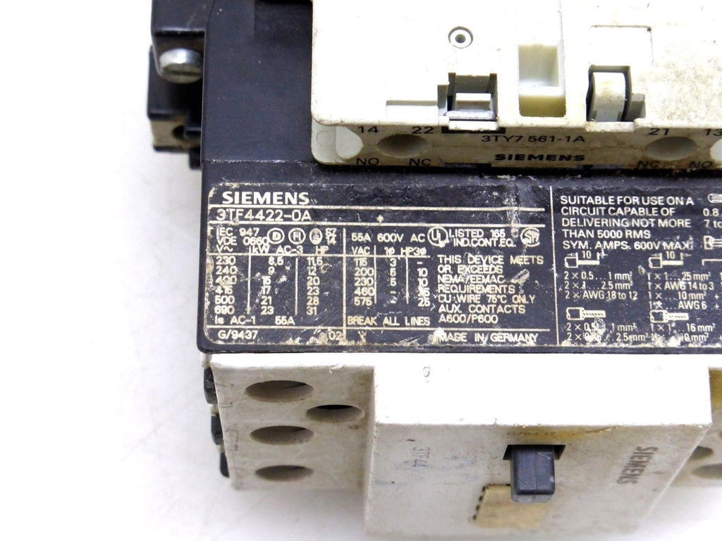 Siemens 3TF4422-0A Leistungsschütz mit Hilfskontakten 3TY7 561-1A; 3TY7 561-1B