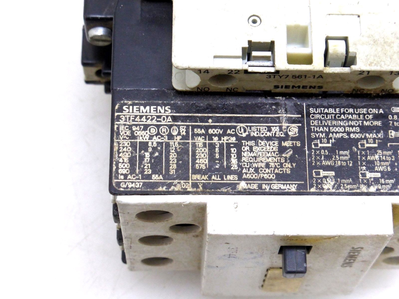Siemens 3TF4422-0A Leistungsschütz mit Hilfskontakten 3TY7 561-1A; 3TY7 561-1B