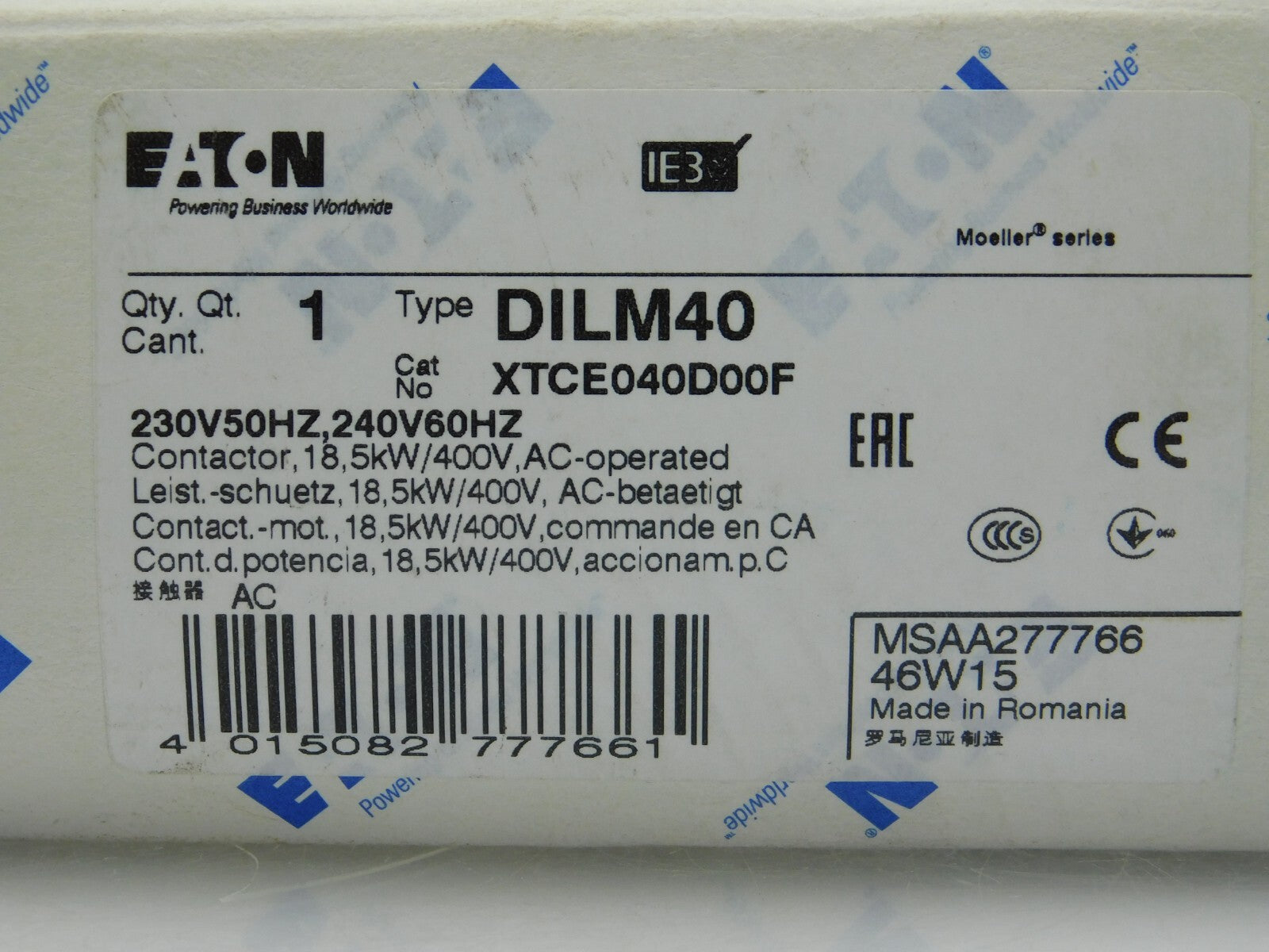 EATON Leistungsschütz DILM40 230V50Hz, 240V60Hz 18,5 KW