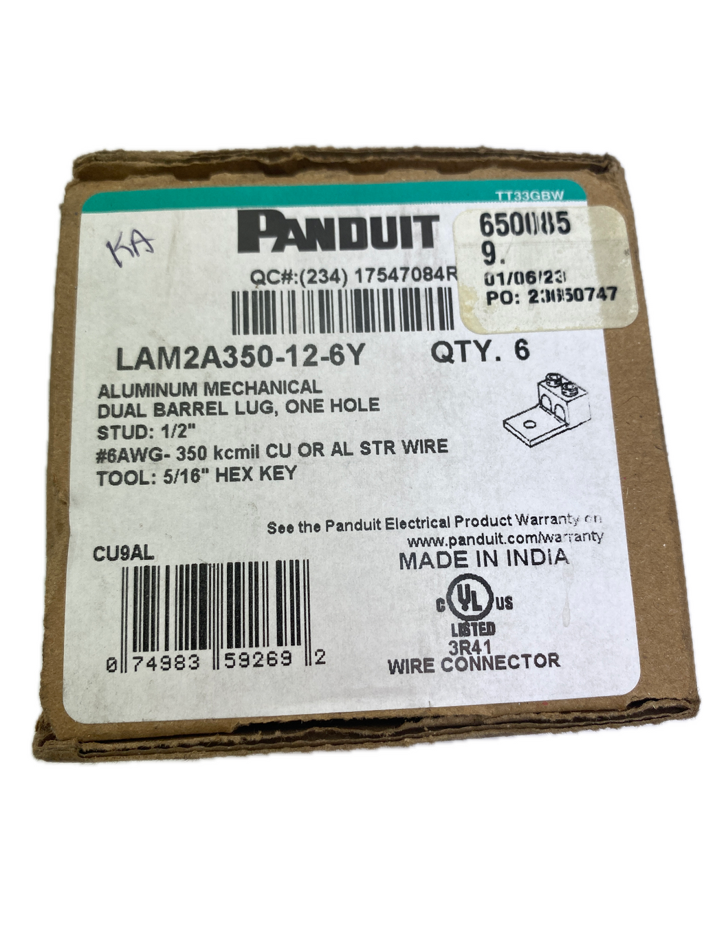 PANDUIT  LAM2A350-12-6Y ALUMINIUM MECHANISCHE DOPPELLAUFLASCHE, EIN LOCH
