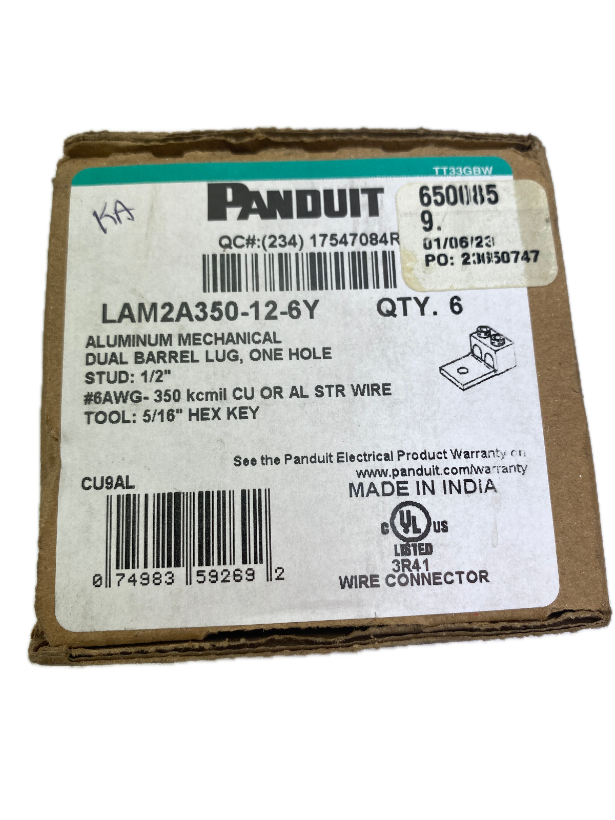 PANDUIT  LAM2A350-12-6Y ALUMINIUM MECHANISCHE DOPPELLAUFLASCHE, EIN LOCH