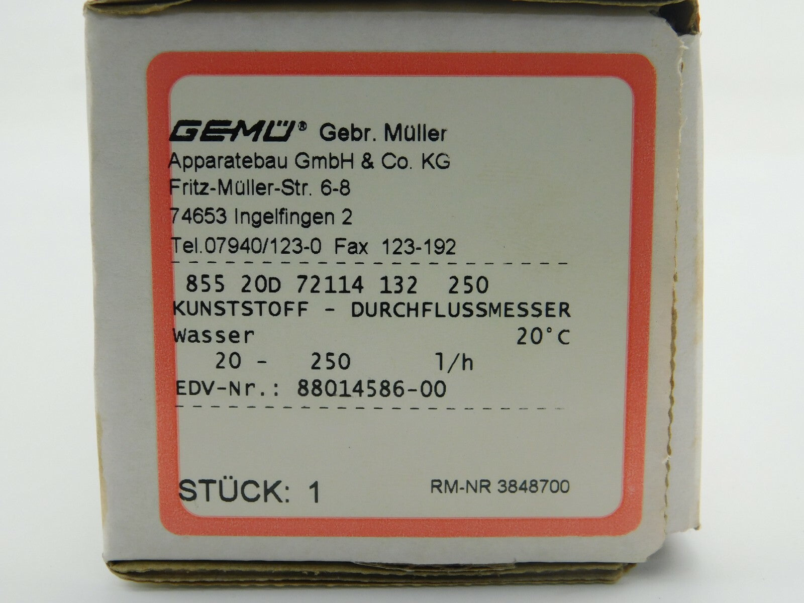 GEMÜ DURCHFLUSSMESSE 855 20D 72114 132 250 PS 10,0 bar I-DE-8801 4586-00-3848700