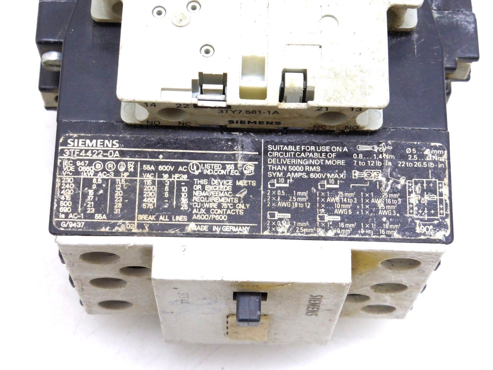 Siemens 3TF4422-0A Leistungsschütz mit Hilfskontakten 3TY7 561-1A; 3TY7 561-1B