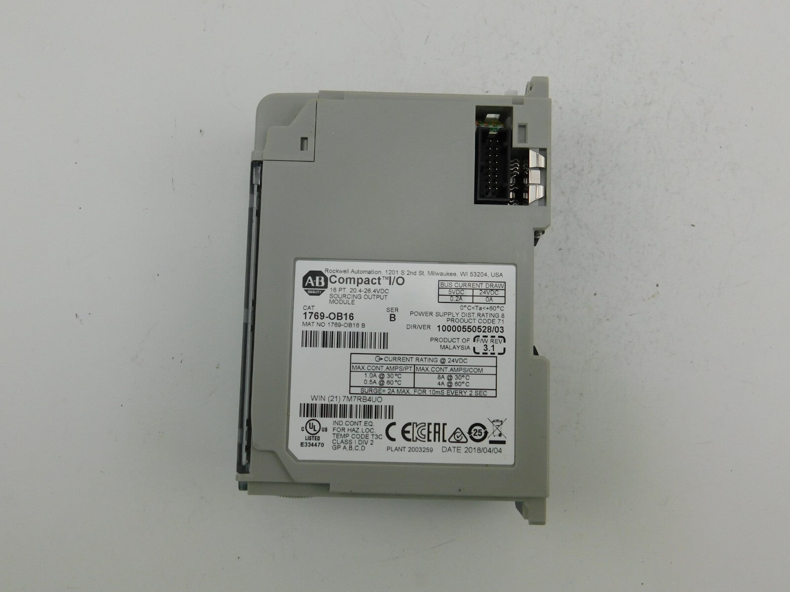ALLEN BRADLEY  Compact I/O 16 PT 20.4-26.4 VDC SOURCING OUTPUT MODULE 1769-OB16