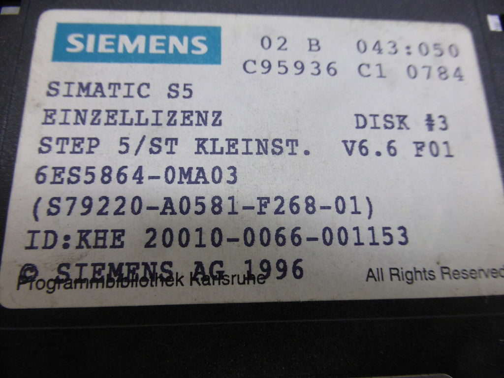 Siemens Simatic S5 Einzellizens STEP 5/ST Kleinst. 6ES5 864-0MA03 DISK #1,2,3