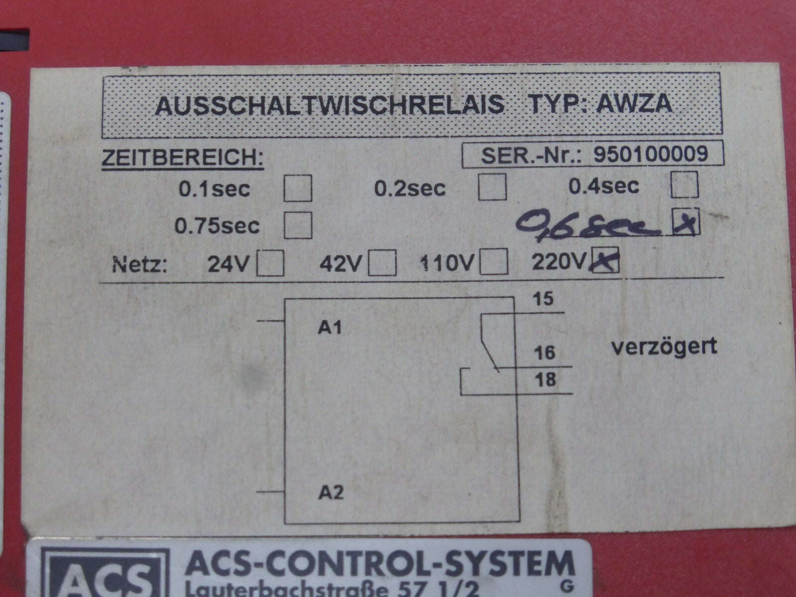 ACS Relais TYP AWZA Zeit 0,6 sec.  Netz 220V 950100009