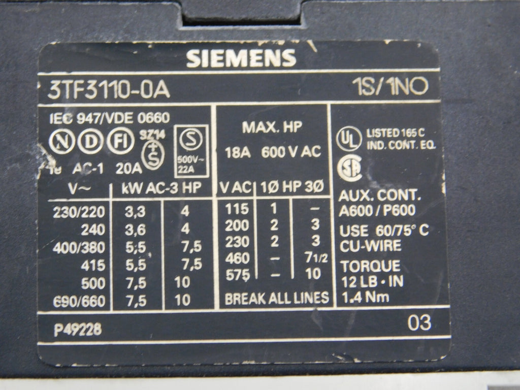 SIEMENS Schütz 3TF3110-0A 3TX4010-2A