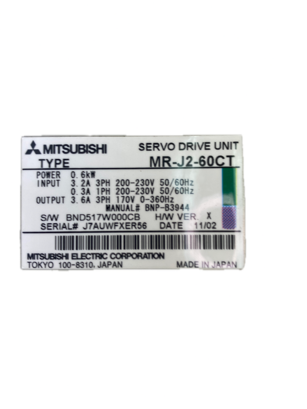 MITSUBISHI  SERVO DRIVE UNIT  TYPE MR-J2-60CT