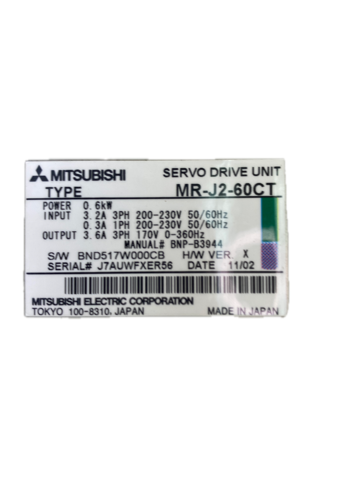 MITSUBISHI  SERVO DRIVE UNIT  TYPE MR-J2-60CT