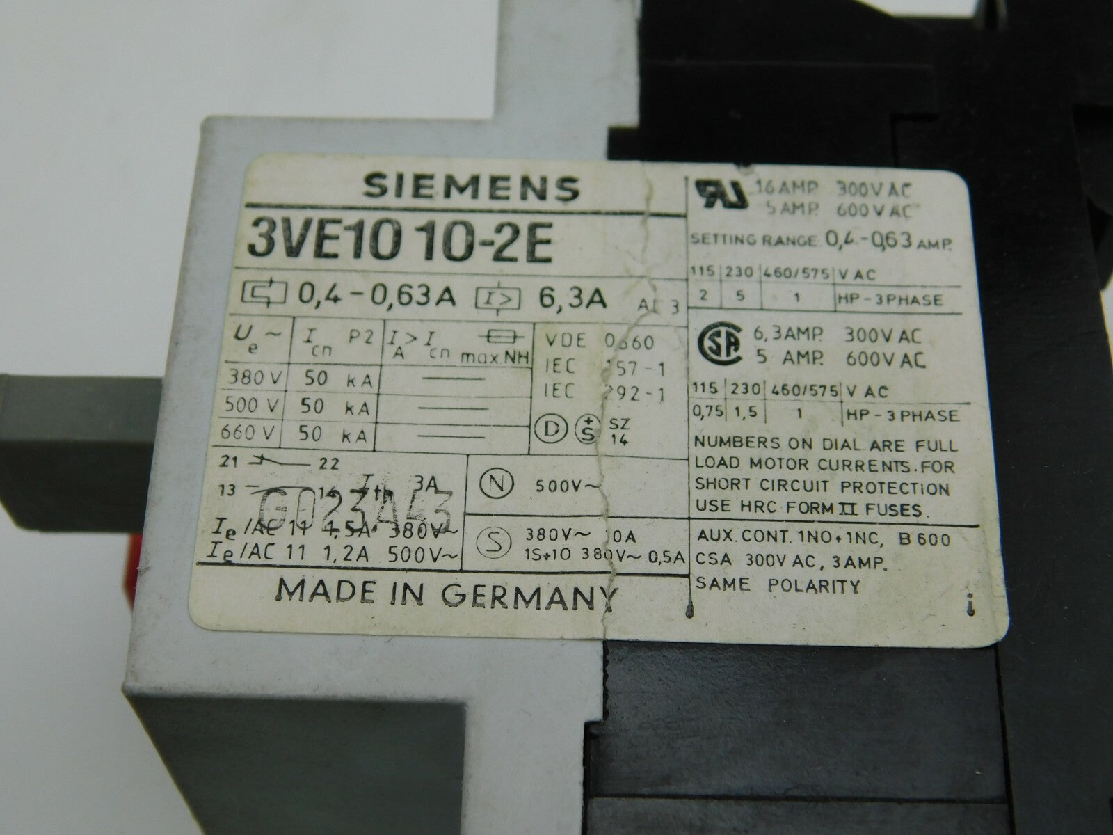 SIEMENS Motorschutzschalter 3VE1010-2E
