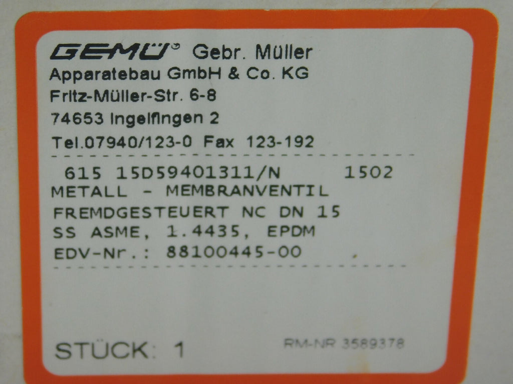 Gemü Metall Membranventil 615 15D 59401311/N PS 6,0bar