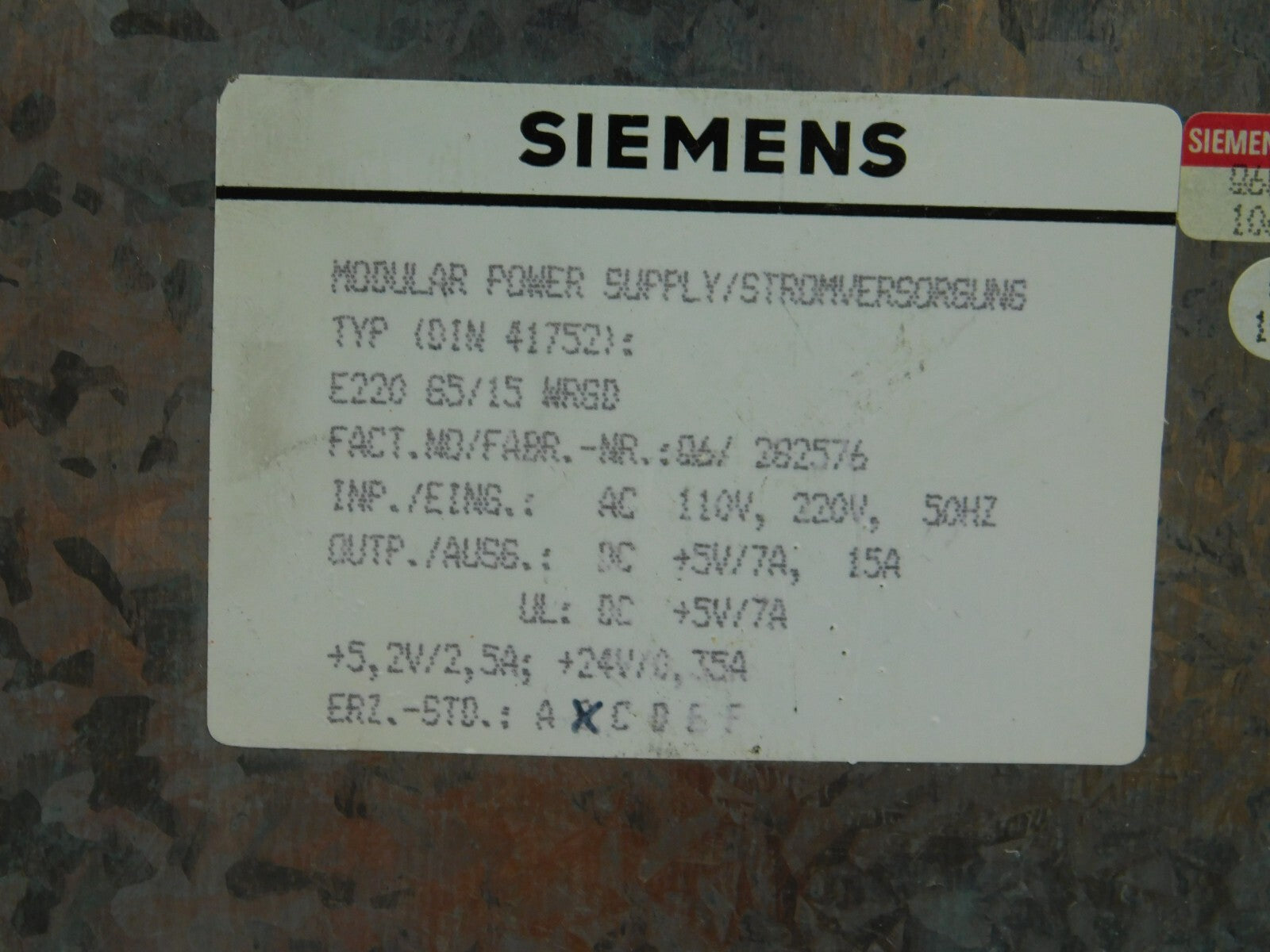SIEMENS Modular Power Supply SIMATIC S5 PS 7A/15A 41752